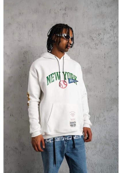 Erkek Baskılı Kapüşonlu Sweatshirt - Beyaz fiyatları