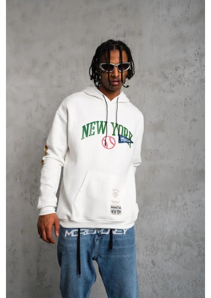 Erkek Baskılı Kapüşonlu Sweatshirt - Beyaz modelleri