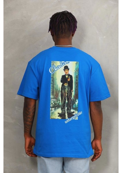 Unisex Oversize Baskılı Bisiklet Yaka T-Shirt - Mavi indirimleri