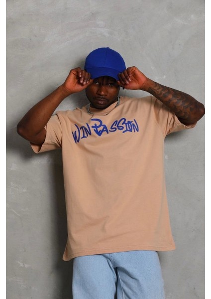 Unisex Oversize Baskılı Bisiklet Yaka T-Shirt - Bej fırsatları