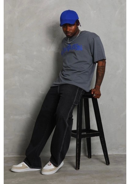 Unisex Oversize Baskılı Bisiklet Yaka T-Shirt - Füme fiyatları