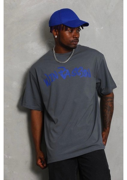 Unisex Oversize Baskılı Bisiklet Yaka T-Shirt - Füme indirimleri