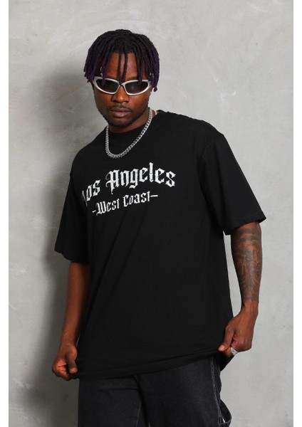 Unisex Oversize Baskılı Bisiklet Yaka T-Shirt - Siyah modelleri