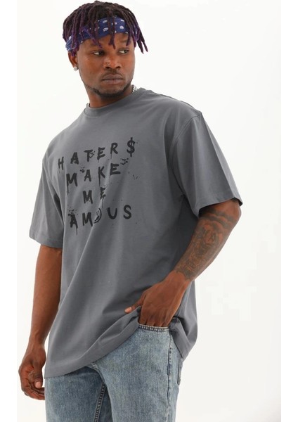 Unisex Oversize Baskılı Bisiklet Yaka T-Shirt - Füme