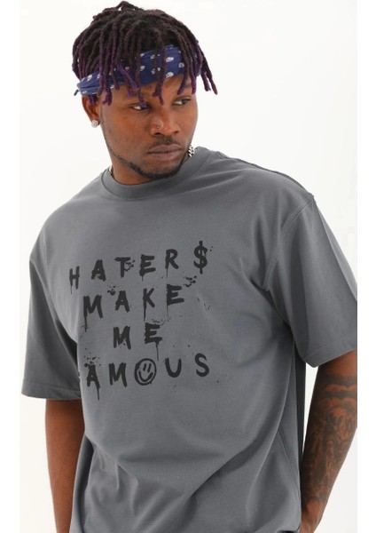 Unisex Oversize Baskılı Bisiklet Yaka T-Shirt - Füme fiyatları