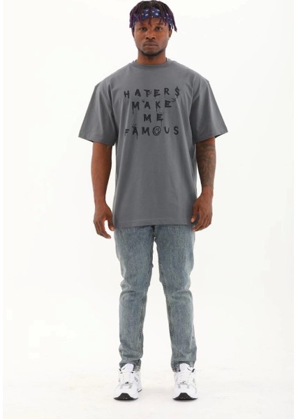 Unisex Oversize Baskılı Bisiklet Yaka T-Shirt - Füme modelleri