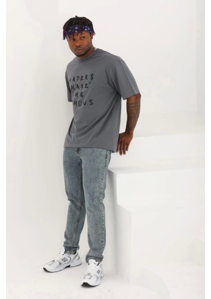 Unisex Oversize Baskılı Bisiklet Yaka T-Shirt - Füme fırsatları