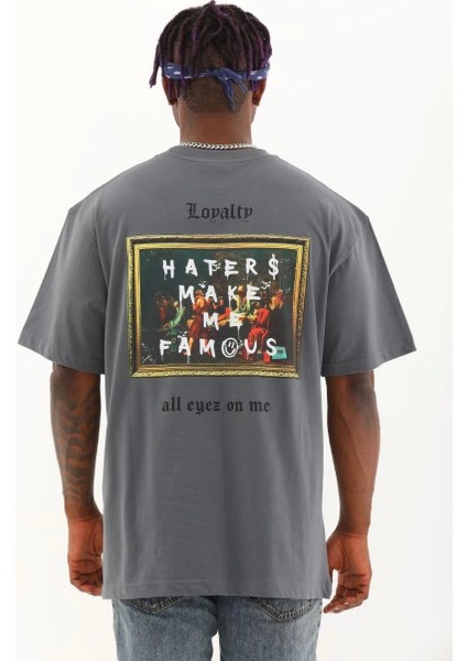 Unisex Oversize Baskılı Bisiklet Yaka T-Shirt - Füme indirimleri