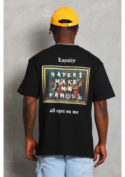 Unisex Oversize Baskılı Bisiklet Yaka T-Shirt - Siyah indirimleri