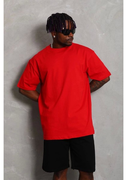 Unisex Oversize Düz Bisiklet Yaka T-Shirt - Kırmızı modelleri