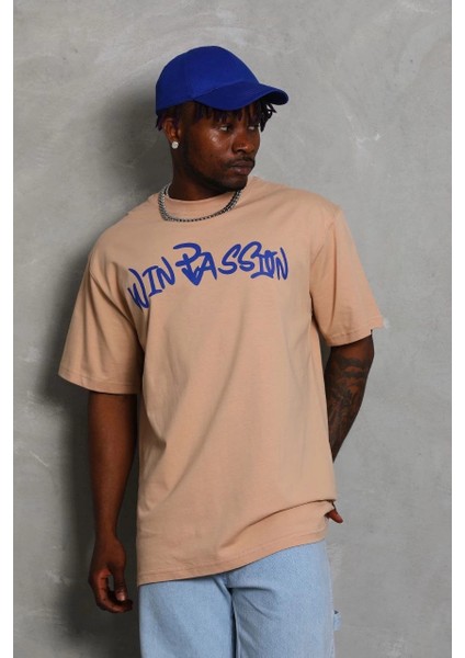 Unisex Oversize Baskılı Bisiklet Yaka T-Shirt - Bej