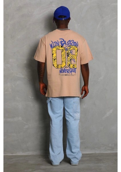 Unisex Oversize Baskılı Bisiklet Yaka T-Shirt - Bej modelleri