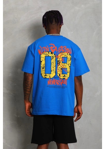 Unisex Oversize Baskılı Bisiklet Yaka T-Shirt - Mavi modelleri