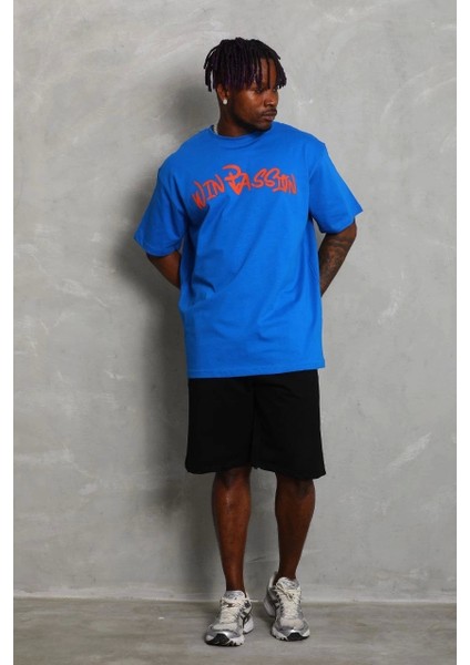 Unisex Oversize Baskılı Bisiklet Yaka T-Shirt - Mavi fırsatları