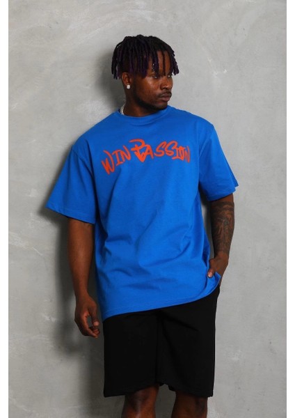 Unisex Oversize Baskılı Bisiklet Yaka T-Shirt - Mavi indirimleri