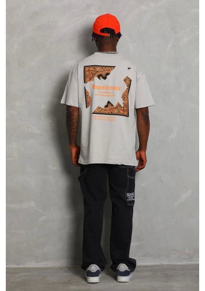 Unisex Oversize Baskılı Bisiklet Yaka T-Shirt - Gri modelleri