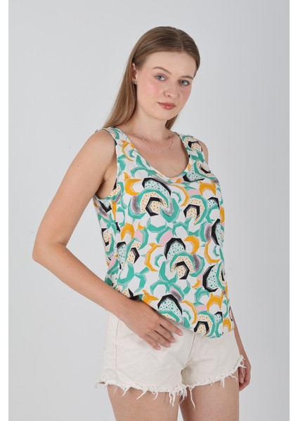 Viskon Kumaş Kalın Askılı Geometrik Desen Kadın Bluz