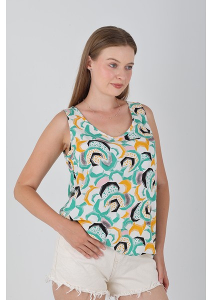 Viskon Kumaş Kalın Askılı Geometrik Desen Kadın Bluz modelleri