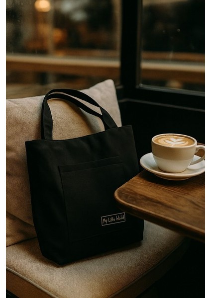 Çok Amaçlı Premium Tek Çıtlı Life Baskılı Siyah Orta Boy Kanvas El ve Omuz Çantası modelleri