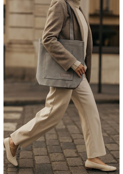 Çok Amaçlı Premium Life Baskılı Açık Gri Nokta Desenli Orta Boy Kanvas El ve Omuz Çantası