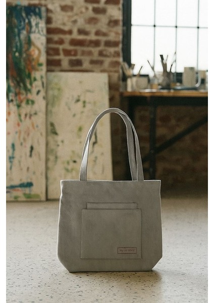 Çok Amaçlı Premium Life Baskılı Açık Gri Nokta Desenli Orta Boy Kanvas El ve Omuz Çantası modelleri