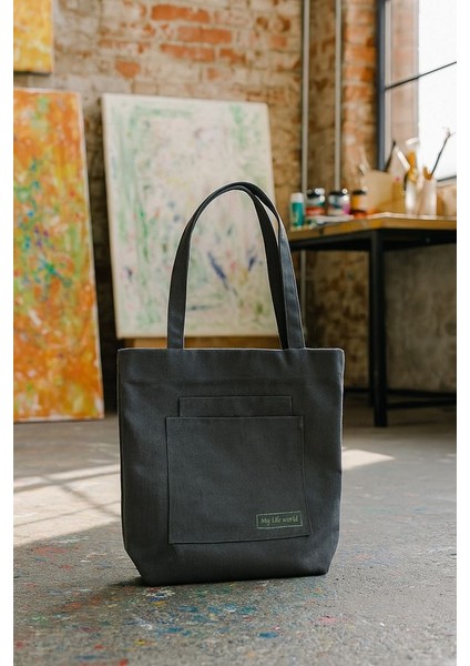 Çok Amaçlı Premium Tek Çıtlı Life Baskılı Gri Orta Boy Kanvas El ve Omuz Çantası modelleri