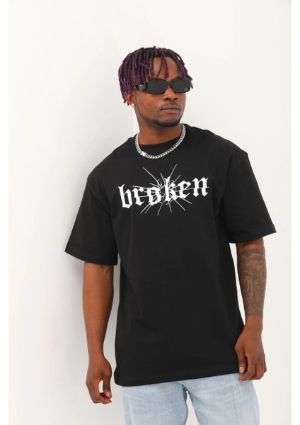 Unisex Oversize Baskılı Bisiklet Yaka T-Shirt - Siyah