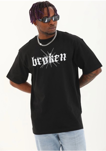 Unisex Oversize Baskılı Bisiklet Yaka T-Shirt - Siyah fiyatları