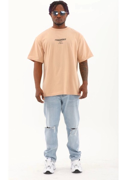 Unisex Oversize Baskılı Bisiklet Yaka T-Shirt - Bej fırsatları