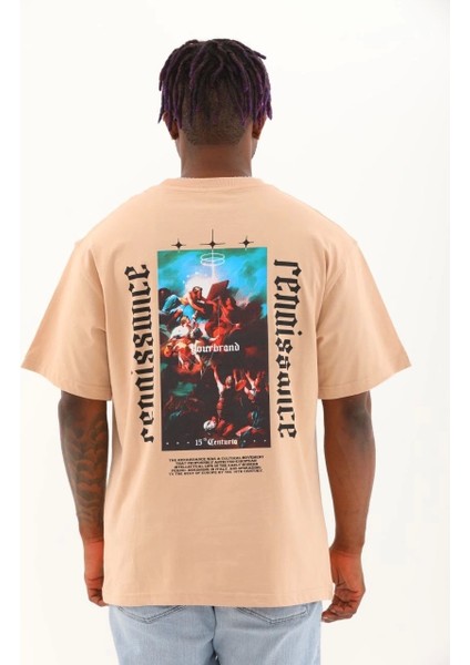 Unisex Oversize Baskılı Bisiklet Yaka T-Shirt - Bej indirimleri