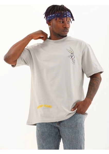 Unisex Oversize Baskılı Bisiklet Yaka T-Shirt - Gri