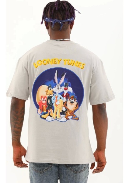 Unisex Oversize Baskılı Bisiklet Yaka T-Shirt - Gri indirimleri