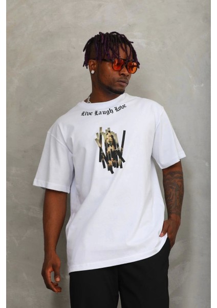 Unisex Oversize Baskılı Bisiklet Yaka T-Shirt - Beyaz