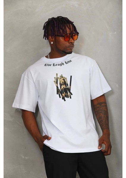 Unisex Oversize Baskılı Bisiklet Yaka T-Shirt - Beyaz modelleri