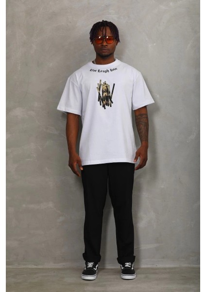 Unisex Oversize Baskılı Bisiklet Yaka T-Shirt - Beyaz fırsatları