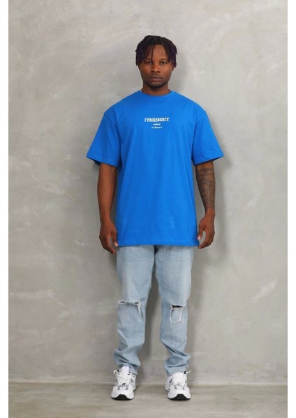 Unisex Oversize Baskılı Bisiklet Yaka T-Shirt - Mavi fırsatları