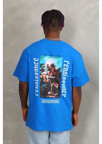 Unisex Oversize Baskılı Bisiklet Yaka T-Shirt - Mavi indirimleri