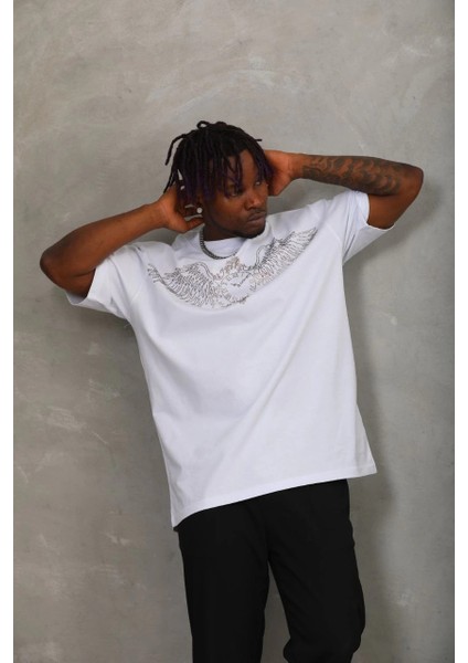 Unisex Oversize Taşlı Bisiklet Yaka T-Shirt - Beyaz fiyatları