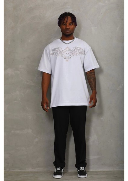 Unisex Oversize Taşlı Bisiklet Yaka T-Shirt - Beyaz fırsatları
