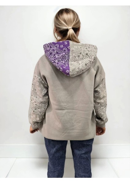 Kadın Baskılı Kapüşonlu Sweatshirt - Gri indirimleri