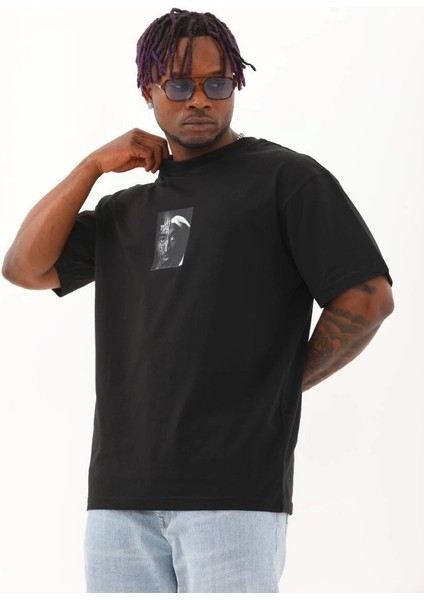 Unisex Oversize Baskılı Bisiklet Yaka T-Shirt - Siyah fiyatları