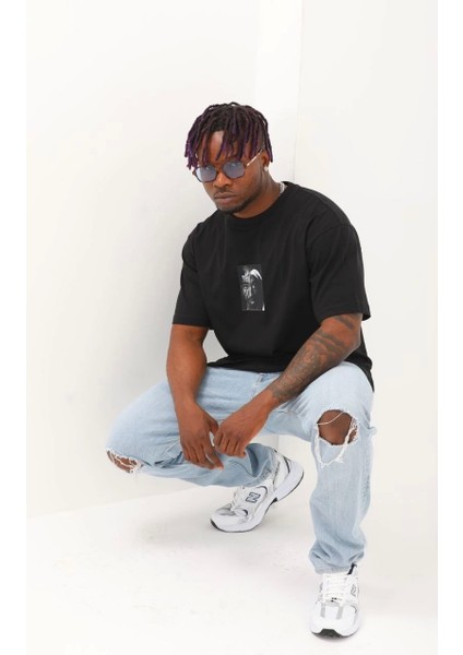 Unisex Oversize Baskılı Bisiklet Yaka T-Shirt - Siyah modelleri