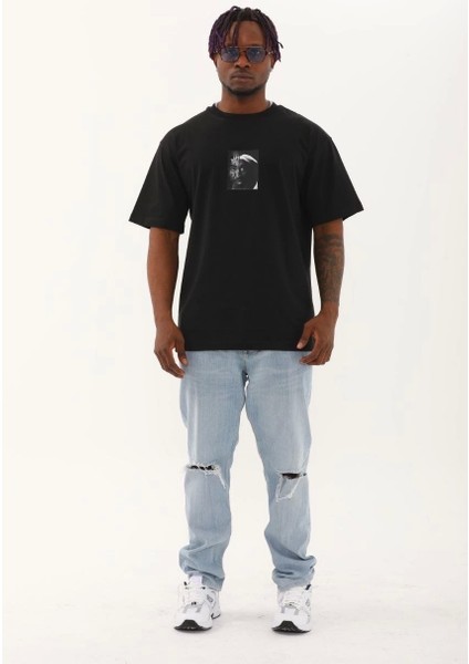 Unisex Oversize Baskılı Bisiklet Yaka T-Shirt - Siyah fırsatları