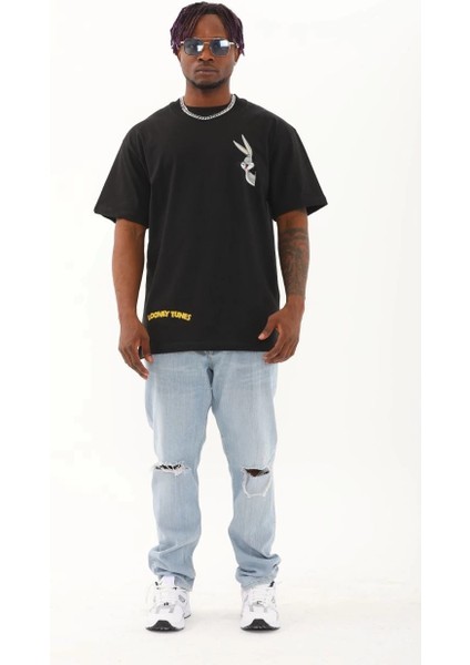 Unisex Oversize Baskılı Bisiklet Yaka T-Shirt - Siyah modelleri