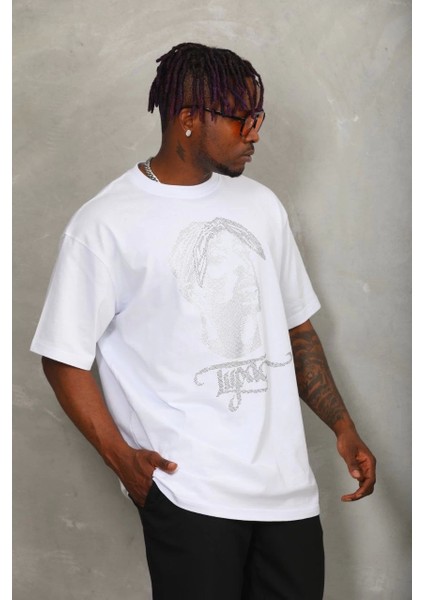Unisex Oversize Taşlı Bisiklet Yaka T-Shirt - Beyaz fiyatları