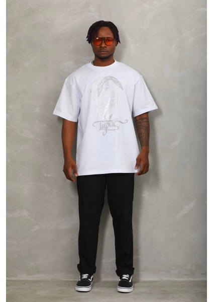 Unisex Oversize Taşlı Bisiklet Yaka T-Shirt - Beyaz indirimleri