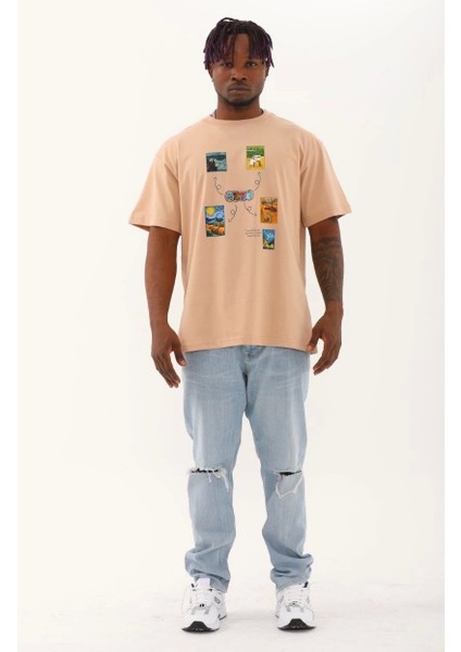 Unisex Oversize Baskılı Bisiklet Yaka T-Shirt - Bej fırsatları