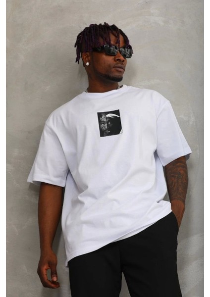 Unisex Oversize Baskılı Bisiklet Yaka T-Shirt - Beyaz