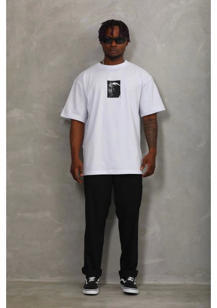 Unisex Oversize Baskılı Bisiklet Yaka T-Shirt - Beyaz fırsatları