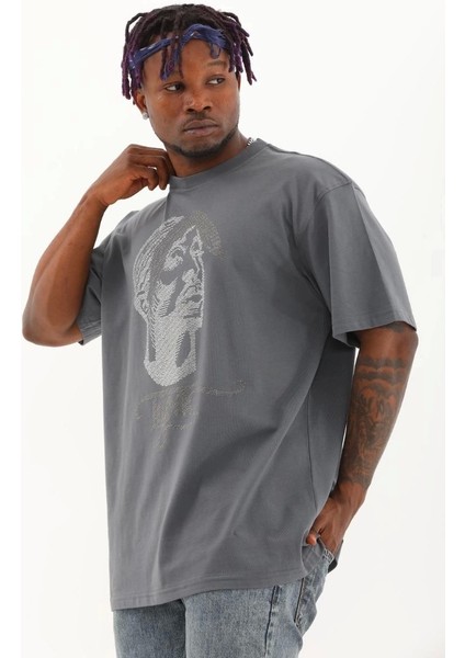 Unisex Oversize Taşlı Bisiklet Yaka T-Shirt - Füme